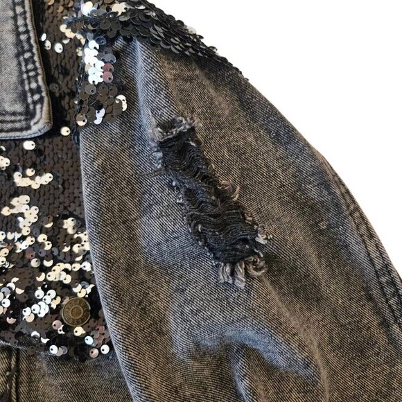 L&B Lucky and Blessed Womens Black Sequined Distressed Denim Jacket Large - Picture 12 of 13